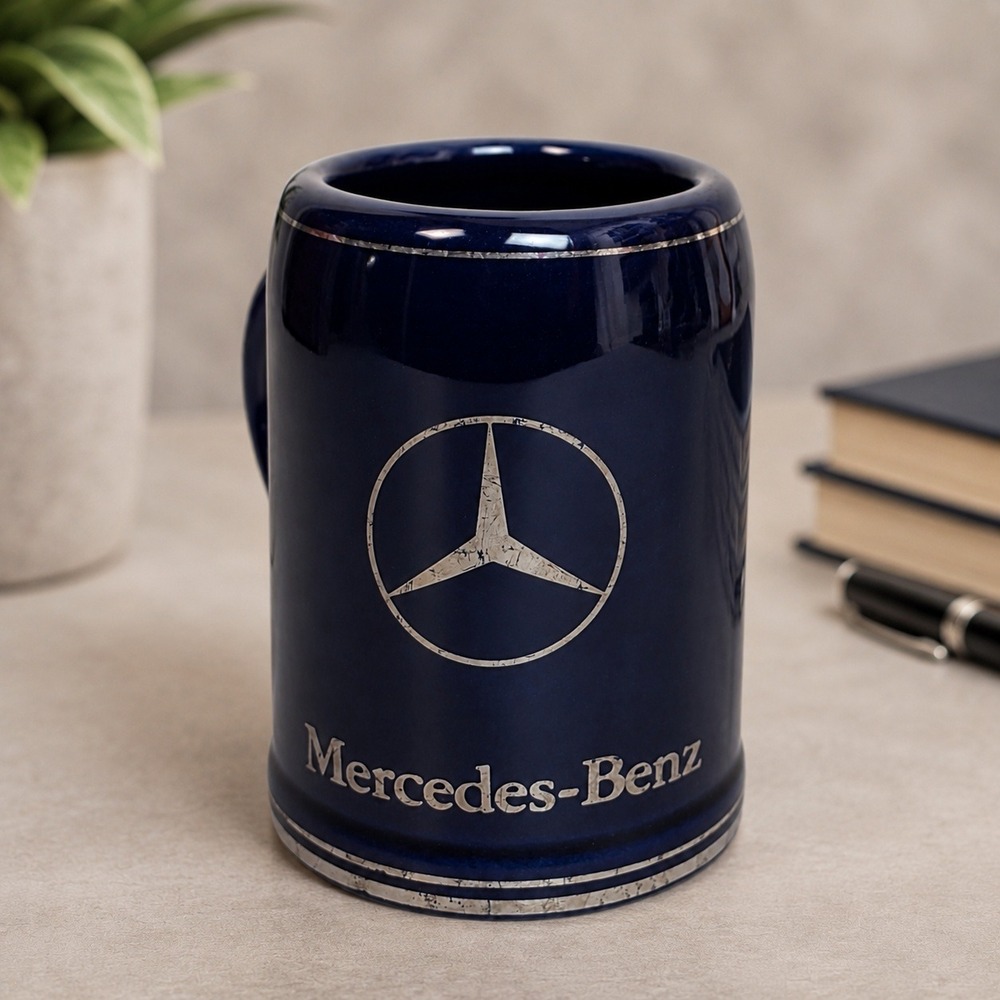 Vintage Mercedes-Benz Cobalt Blue Ceramic Beer Stein Mug USA Made Silver Logo